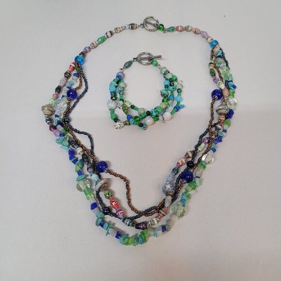 Vintage Multi Strand Cascading Blue Beaded W/Matching Bracelet Beachy Boho Set - Picture 1 of 2